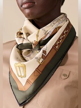 ICONIC Silk Scarf 34” Belt Harness print WARM tone IVORY Olive Caramel Metal EUC